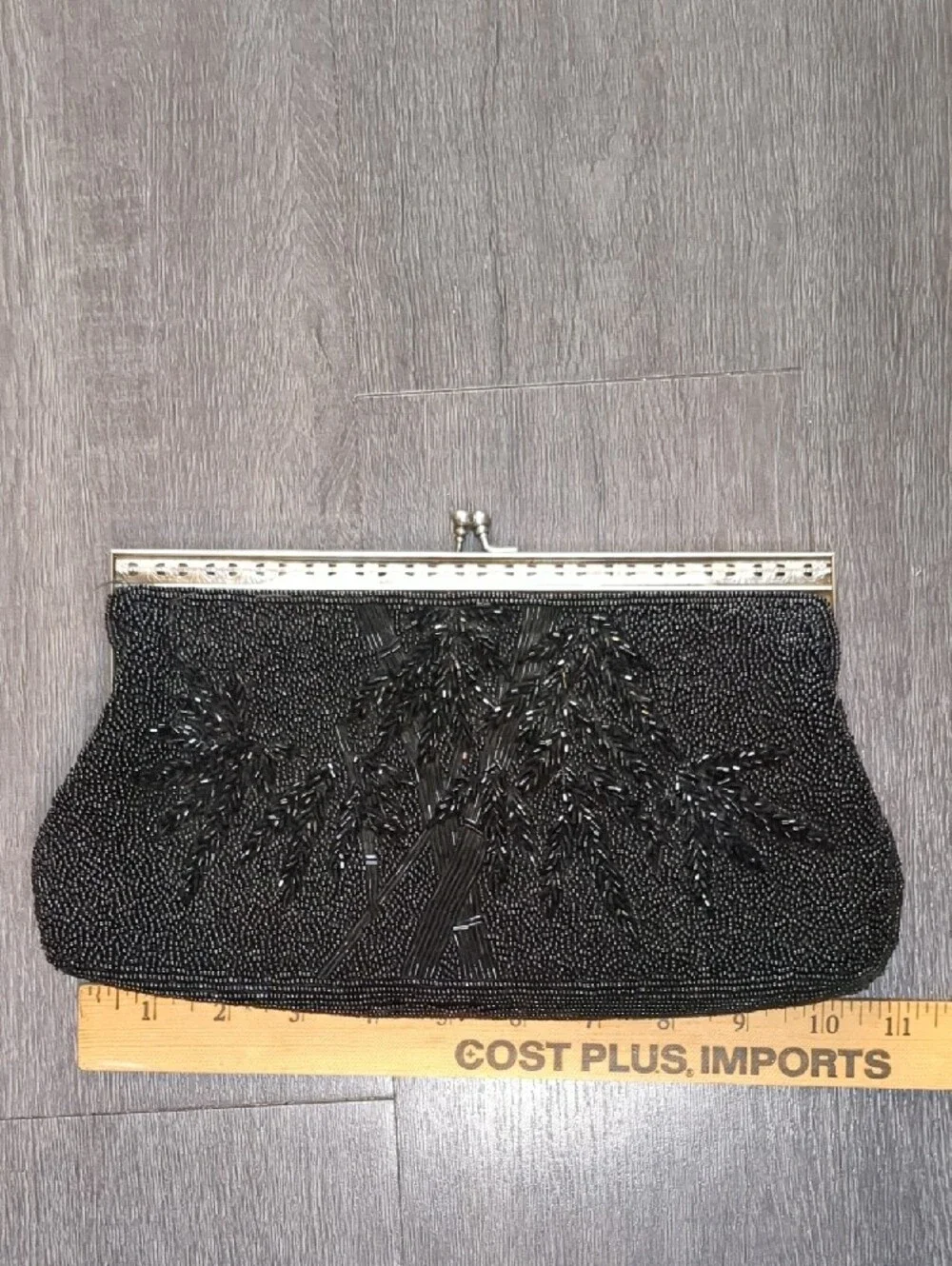 Vintage 50s Hand Beaded Black Evening Bag Clutch Silver Frame Purse Mid Century